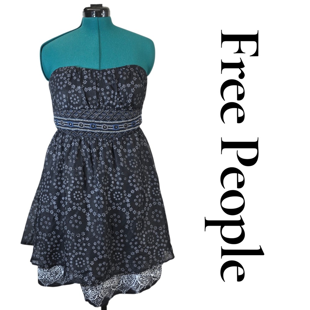 Free People Dress Womens 10 Black Cotton Floral Strapless Boho Mini Embroidered